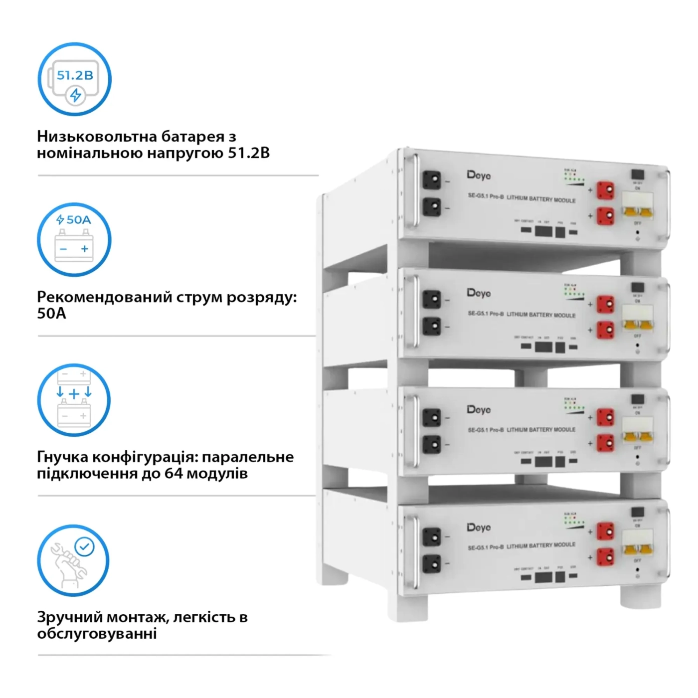 Аккумуляторная батарея DEYE SE-G5.1 Pro-B LV 51.2V 100AH 5.12kWh LiFePO4 - Фото 3