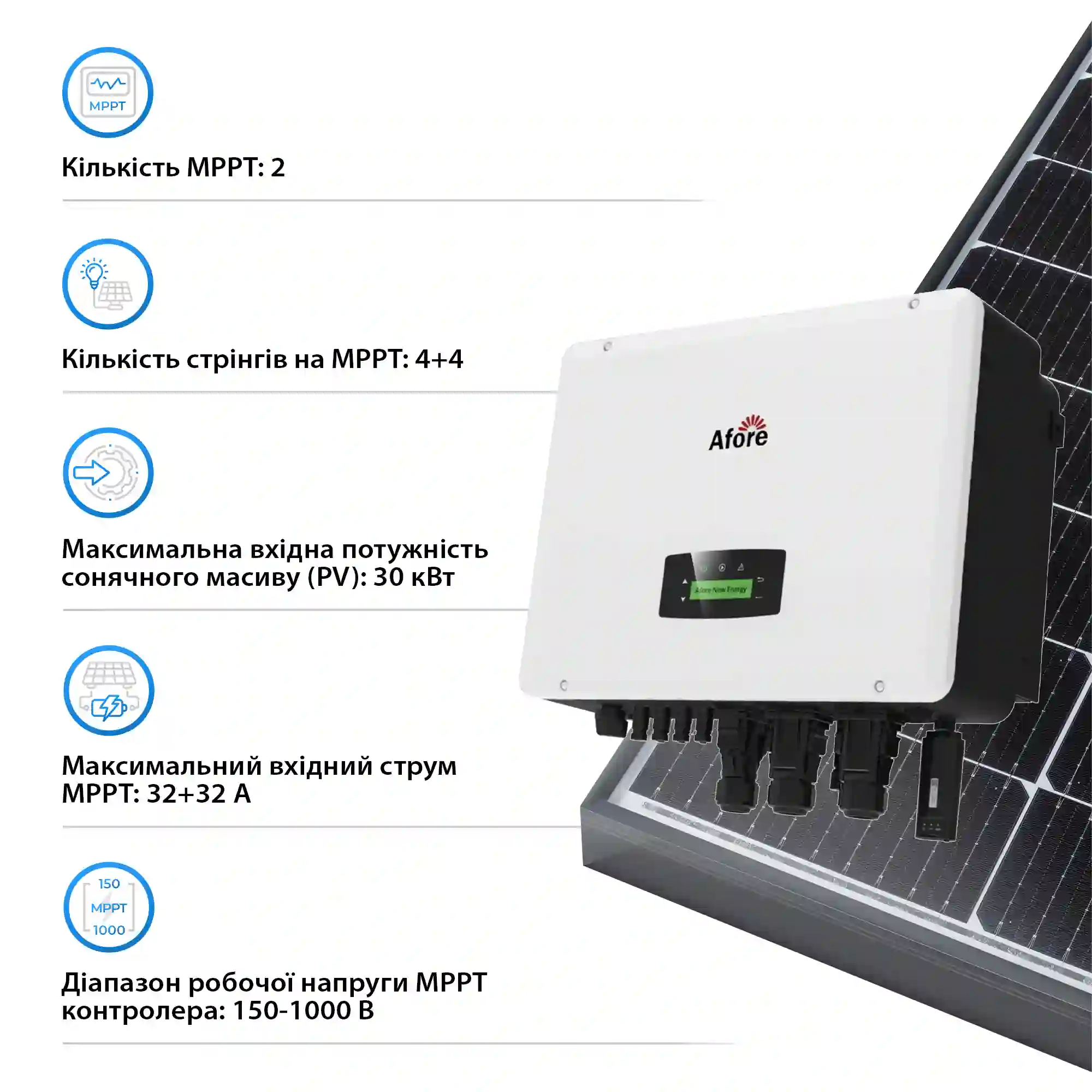 Гібридний інвертор Afore AF20K-TH 20KW HV-battery 2 MPPT Wi-Fi 220/380V Трифазний - Фото 3