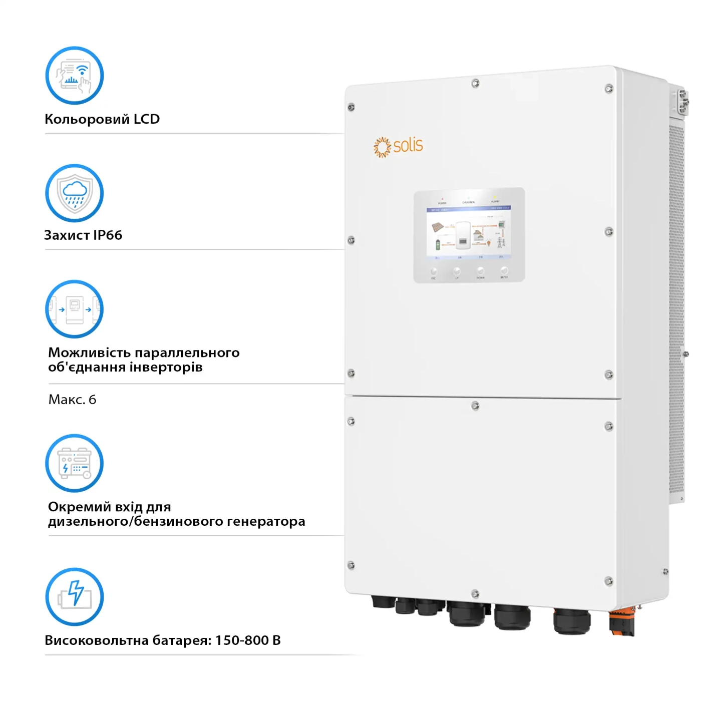 Гібридний інвертор Solis S6-EH3P50K-H 50KW  HV-battery 4 MPPT Wi-Fi 220/380V Трифазний - Фото 4