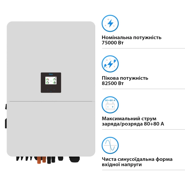 Гібридний інвертор Deye SUN-75K-SG02HP3-EU-EM6 75kW HV-battery 6 MPPT Wi-Fi 220/380V Трифазний - Фото 2
