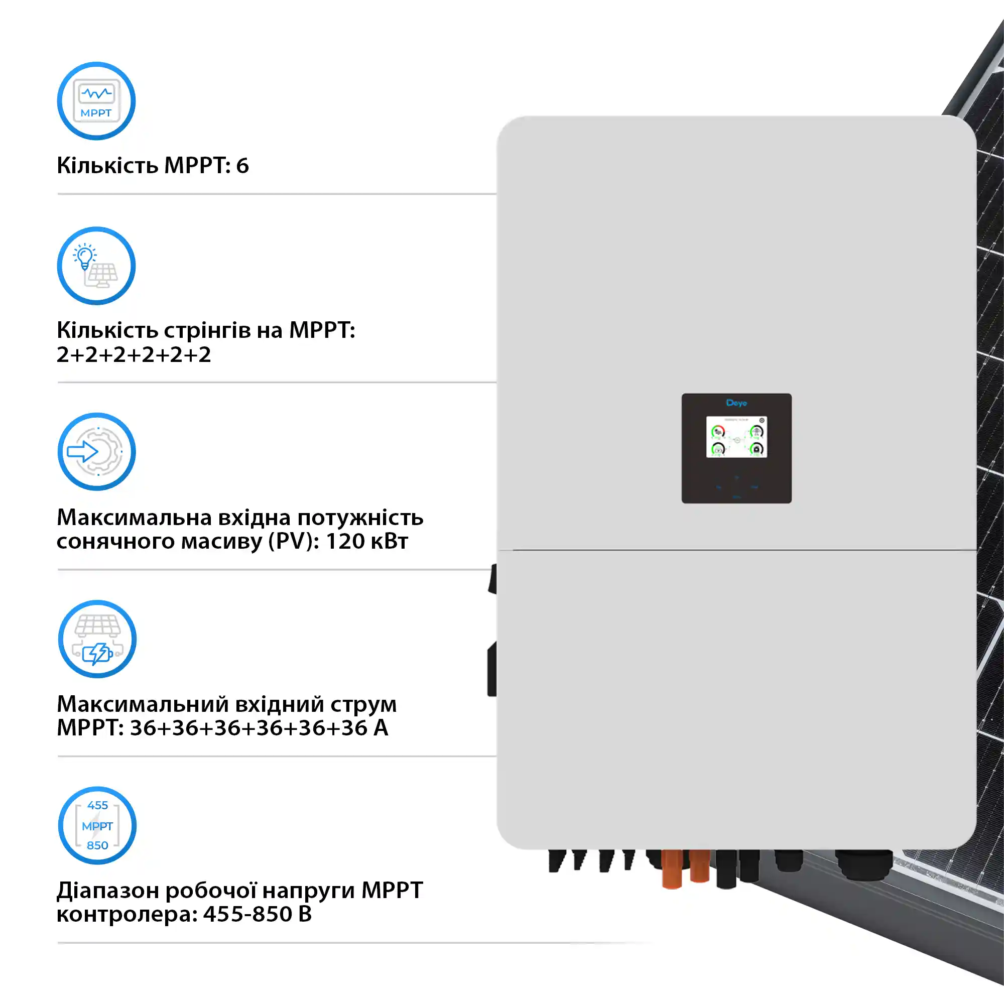 Гібридний інвертор Deye SUN-75K-SG02HP3-EU-EM6 75kW HV-battery 6 MPPT Wi-Fi 220/380V Трифазний - Фото 4