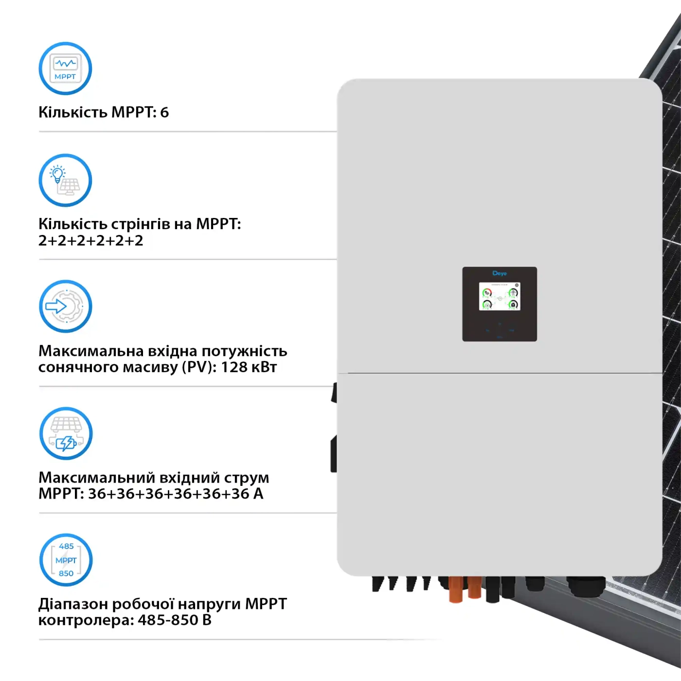 Гибридный инвертор Deye SUN-80K-SG02HP3-EU-EM6 80kW HV-battery 6 MPPT Wi-Fi 220/380V Трехфазный - Фото 4