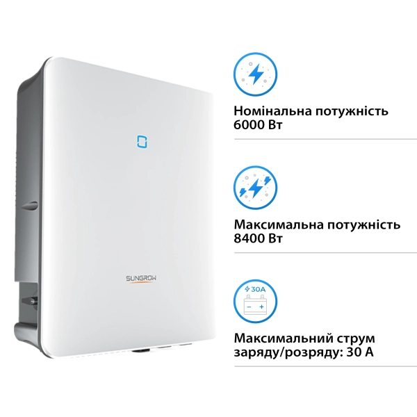 Гібридний інвертор SUNGROW SH6.0RS-V11 6kW HV 2 MPPT 220V Однофазний (ASH00099) - Фото 2