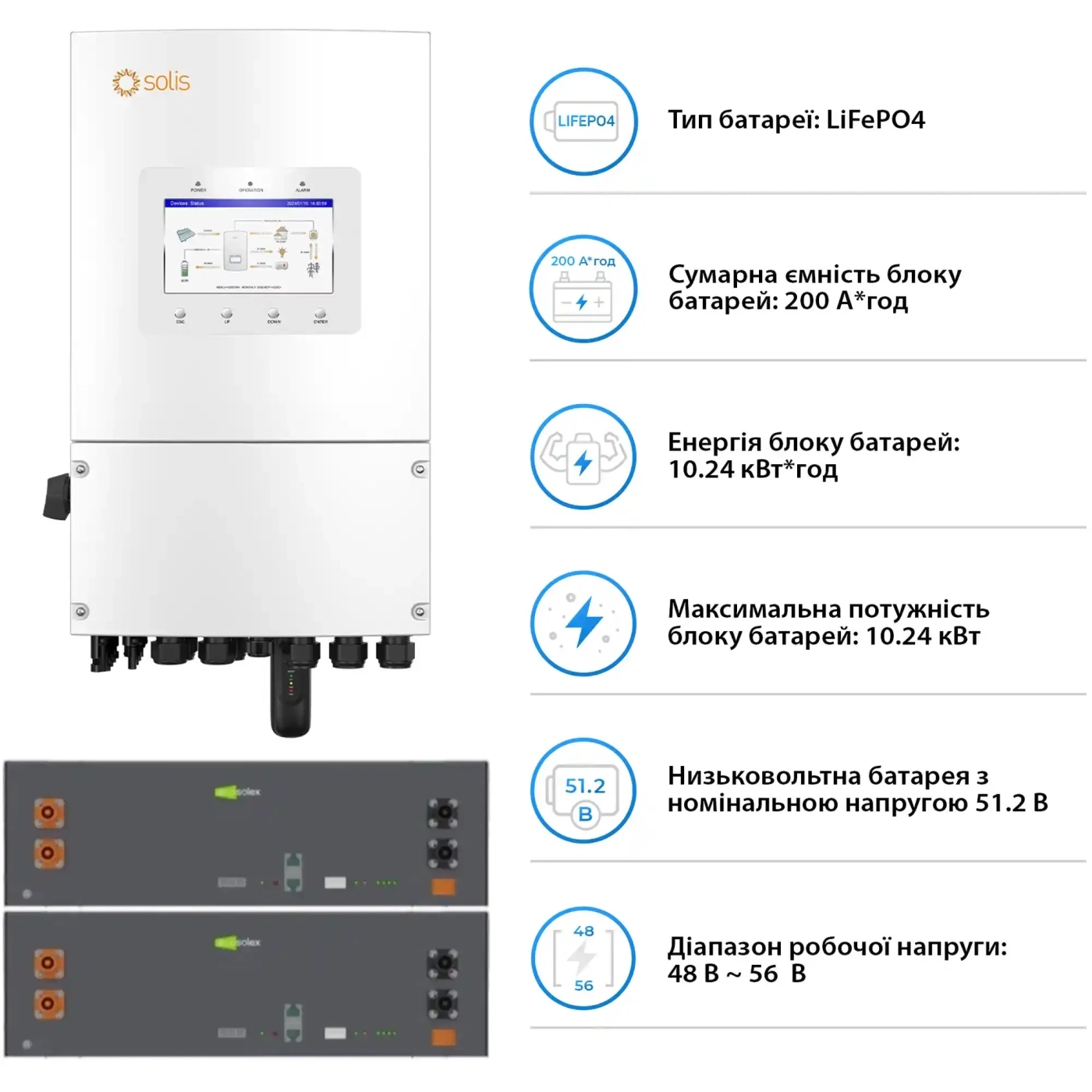 Купити Система зберігання енергії Solis SV-1SL6K1-LES10.2K1 6kW 10.2kWh 2BAT LiFePO4 6000 циклів (SV-1SL6K1-LES10.2K1) - фото 2