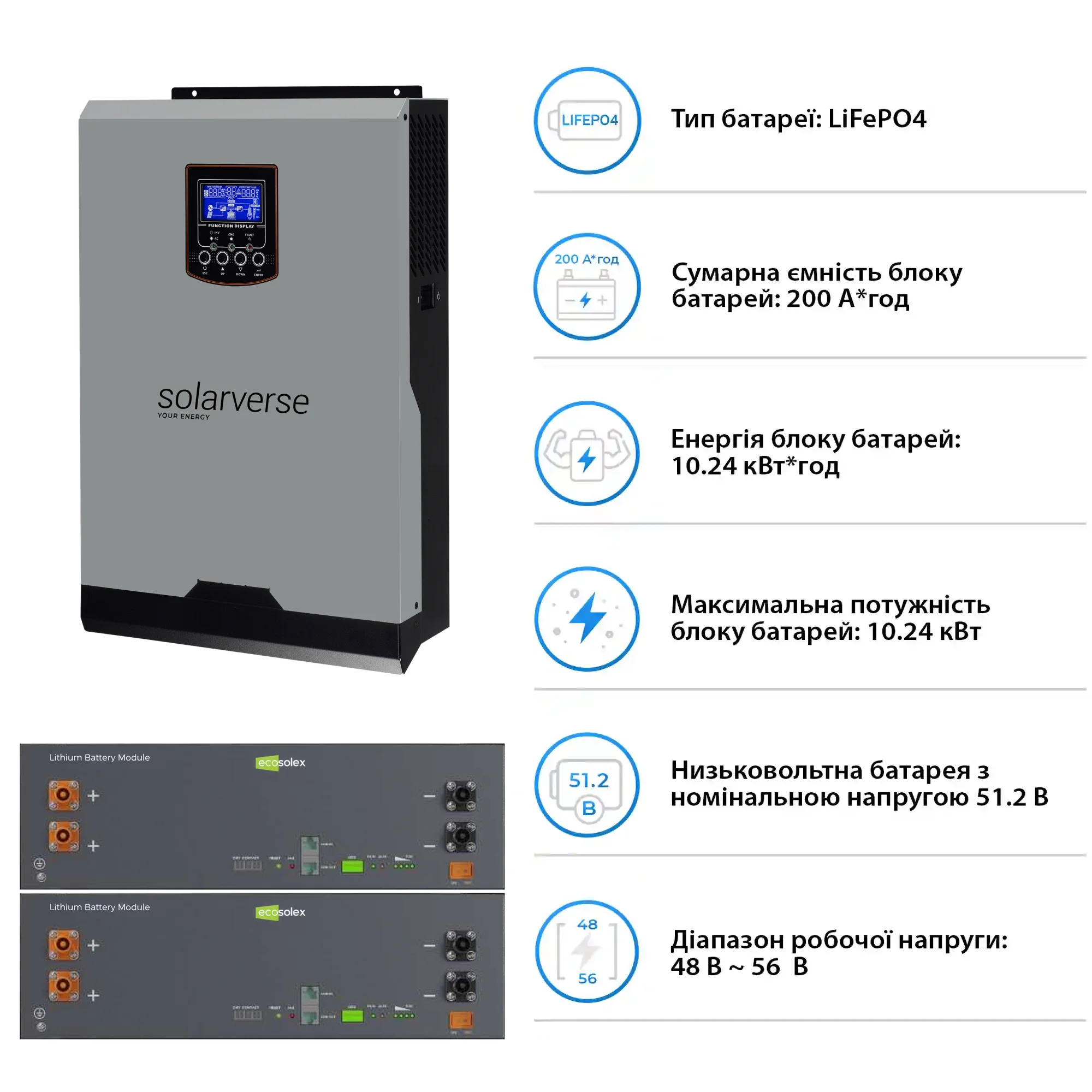 Купити Система зберігання енергії Solarverse SV-1SV5K2-LEC10K1-1 5kW 10.2kWh 2BAT LiFePO4 ≥6000 циклів - фото 5