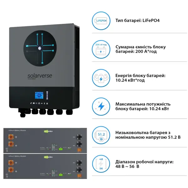 Купити Система зберігання енергії Solarverse SV-1SV8K1-LEC10K1-1 8kW 10.2kWh 2BAT LiFePO4 ≥6000 циклів - фото 5